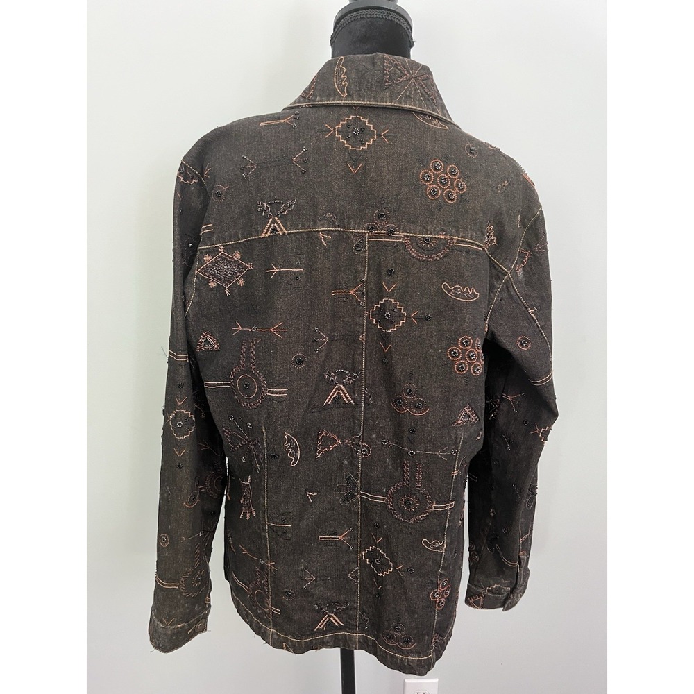 Chicos Size 2 Washed Black Embroidered Beaded Silk Lined Denim Jacket Cotton - Picture 2 of 9